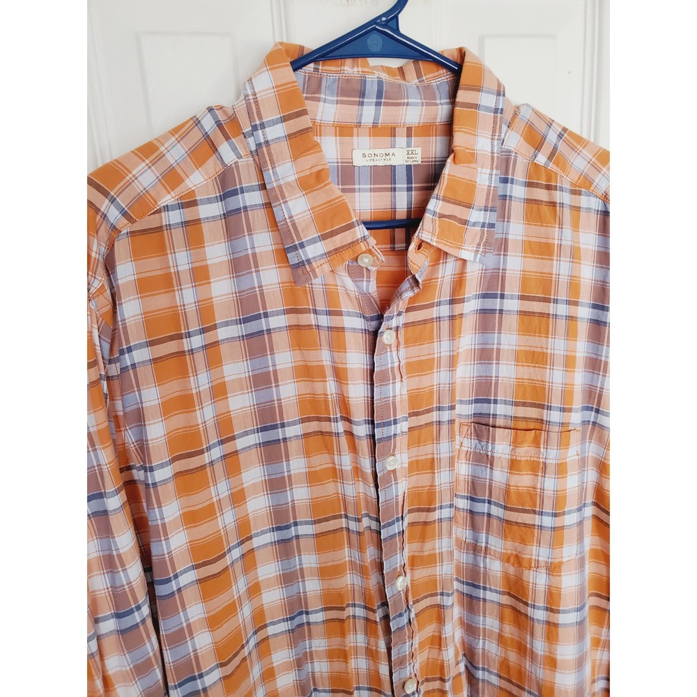 Lightweight Plaid Button Down Cotton Shirt Orange Blue Casual Big and Tall XXL